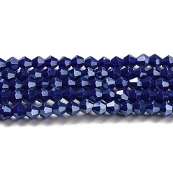 Dark Blue Opaque Solid Color Electroplate Glass Beads Strands, Pearl Luster Plated, Faceted, Bicone, Dark Blue, 4x4mm, Hole: 0.8mm, about 87~98pcs/strand, 12.76~14.61 inch(32.4~37.1cm)
