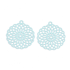 Pale Turquoise 430 Stainless Steel Filigree Pendants, Spray Painted, Etched Metal Embellishments, Flower, Pale Turquoise, 30x27x0.5mm, Hole: 1.8mm