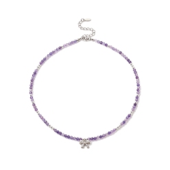 Amethyst Clear Cubic Zirconia Bowknot Pendant Necklace with Natural Amethyst Beaded Chains for Women, 16.02 inch(40.7cm), Pendant: 9x13x5mm