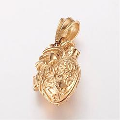Oro 304 colgantes medallón de acero inoxidable, colgantes de la jaula, con magnética, corazón, dorado, 35x23x16 mm, agujero: 7.5x13 mm, diámetro interior: 14.5x24.5 mm