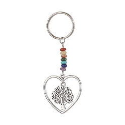 Tree of Life Heart Alloy Pendant Keychain, with Chakra Gemstone Chip and Iron Split Key Rings, Tree of Life, 7.4cm