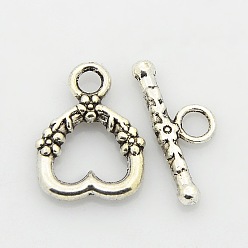 Antique Silver Tibetan Style Alloy Heart Toggle Clasps, Antique Silver, Heart: 18x14x3mm, Hole: 2.5mm, Bar: 20x8x3mm, Hole: 3mm