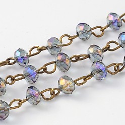 Medium Purple Handmade Electroplate Glass Faceted Rondelle Beads Chains for Necklaces Bracelets Making, with Antique Bronze Plated Brass Eye Pin, Unwelded, Medium Purple, 39.4 inch, about 92pcs/strand