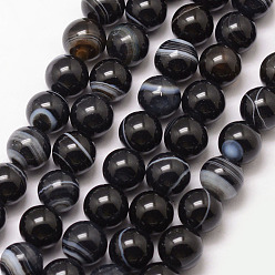 Black Natural Striped Agate/Banded Agate Bead Strands, Round, Grade A, Dyed & Heated, Black, 8mm, Hole: 1mm, about 47pcs/strand, 15 inch