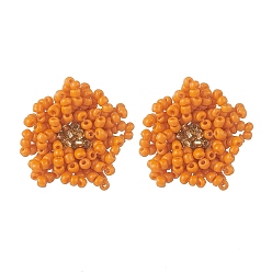 Orange Glass Seed Braided Beaded Flower Stud Earrings, Golden 304 Stainless Steel Jewelry for Women, Orange, 25~27x22~23mm, Pin: 0.8mm