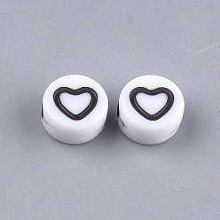 White Craft Style Acrylic Beads, Flat Round with Heart, White, 7x3.5mm, Hole: 1.5mm, about 4000~4400pcs/500g