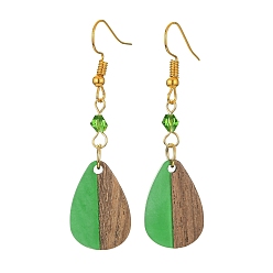 Vert Boucles d'oreilles pendantes en résine et bois de noyer, boucles d'oreilles longues en perles de verre avec épingles en fer, verte, 54x14.5mm