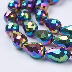 Multi-color Plated Electroplate Glass Beads Strands, Faceted, teardrop, Multi-color Plated, 15x10mm, Hole: 1mm, about 50pcs/strand, 27.1 inch