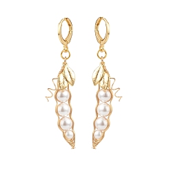 Golden Shell Pearl Beaded Bean with Leaf  Long Dangle Leverback Earrings, Brass Wire Wrap Jewelry for Women, Golden, 56mm, Pin: 1x0.8mm
