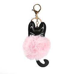 Pink Cute Cat PU Leather & Imitate Rex Rabbit Fur Ball Keychain, with Alloy Clasp, for Bag Car Key Decoration, Pink, 18cm