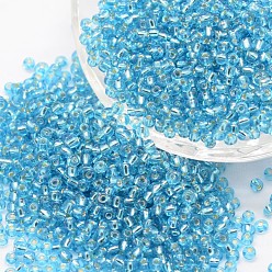 Bleu Ciel Foncé 8/0 verre rond transparent perles de rocaille, Grade a, Argenté, bleu profond du ciel, 2.8~3.2mm, trou: 1.0 mm, environ 15000 pièces / livre