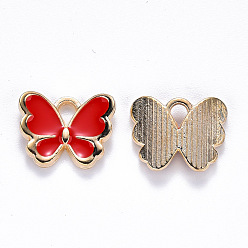 Red Alloy Enamel Charms, Butterfly, Light Gold, Red, 10.5x13x3mm, Hole: 2mm