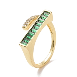 Real 18K Gold Plated Green Cubic Zirconia Rectangle Open Ring, Brass Jewelry for Women, Cadmium Free & Lead Free, Real 18K Gold Plated, US Size 6 1/4(16.7mm)