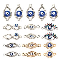 Mixed Color 28Pcs 7 Style Alloy Links, with Crystal Rhinestone and Enamel, Evil Eye & Teardrop & Infinity & Flat Round, Mixed Color, 12~27x8~13x2~3.5mm, Hole: 1.5~2mm, 4pcs/style