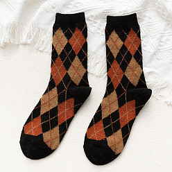 Black Wool Knitting Socks, Rhombus Pattern Crew Socks, Winter Warm Thermal Socks, Black, 10mm