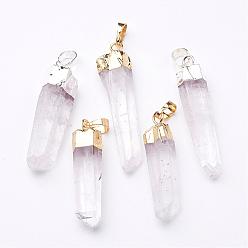 Mixed Color Natural Quartz Crystal Pendants, Rock Crystal, with Brass Findings, Nugget, Mixed Color, 30~75x5~15mm, Hole: 8x5mm