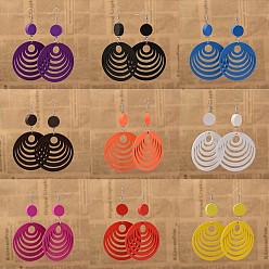 Mixed Color Elegant Fashion Flat Round Wood Dangle Earrings, with Platinum Plated Iron Earring Hooks, Mixed Color, 90mm, Pin: 0.8mm