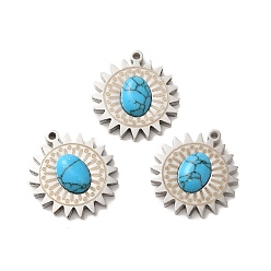 Stainless Steel Color Synthetic Turquoise Pendants, Sun Charms, with 304 Stainless Steel Findings, Stainless Steel Color, 18.5x17x4mm, Hole: 1.2mm
