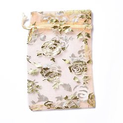 PeachPuff Organza Drawstring Jewelry Pouches, Wedding Party Gift Bags, Rectangle with Gold Stamping Rose Pattern, PeachPuff, 15x10x0.11cm