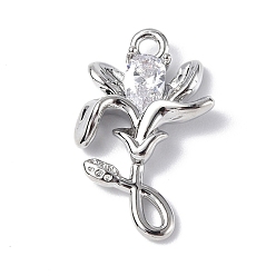 Real Platinum Plated Brass Micro Pave Cubic Zirconia Pendants, Lily Flower Charm, Real Platinum Plated, 16.5x10.5x3mm, Hole: 1.2mm