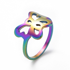 Rainbow Color Chapado de iones (ip) 201 anillo de dedo de mariposa de acero inoxidable, anillo hueco ancho para mujer, color del arco iris, 17 mm