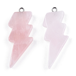 Rose Quartz Natural Rose Quartz Pendants, Lightning Bolt Charm, with Stainless Steel Color Tone 304 Stainless Steel Loops, 40~44.5x17~20x4.5~6mm, Hole: 2mm