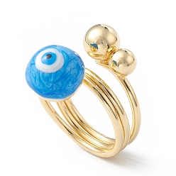 Deep Sky Blue Enamel Round with Evil Eye Finger Rings, Real 18K Gold Plated Brass Wrap Style Ring for Women, Deep Sky Blue, 5.5~19.5mm, Inner Diameter: 18mm