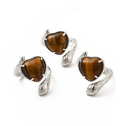 Tiger Eye Natural Tiger Eye Heart with Snake Open Cuff Ring, Platinum Brass Jewelry for Women, US Size 8 1/2(18.5mm)