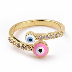 Pearl Pink Enamel Evil Eye Open Cuff Ring with Clear Cubic Zirconia, Gold Plated Brass Jewelry for Women, Cadmium Free & Lead Free, Pearl Pink, US Size 8 3/4(18.7mm)