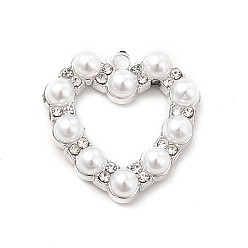 Platinum Alloy Crystal Rhinestone Pendants, with ABS Plastic Imitation Pearl Beads, Heart Charms, Platinum, 20x19.5x4.5mm, Hole: 1.8mm