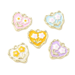 Mixed Color Alloy Eanmel Pendants, Heart with Flower Charm, Golden, Mixed Color, 18x18x2.5mm, Hole: 1.6mm