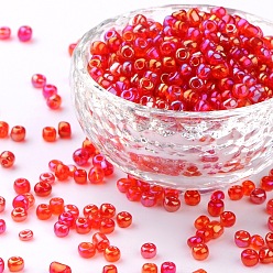 Red 8/0 Round Glass Seed Beads, Transparent Colours Rainbow, Round Hole, Red, 8/0, 3mm, Hole: 1mm, about 1111pcs/50g, 50g/bag, 18bags/2pounds