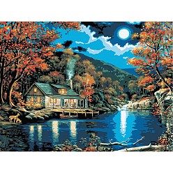 Coloré Kit de peinture diamant à faire soi-même, paysage de rivière d'automne, y compris le sac de strass en résine, stylo collant diamant, plaque de plateau et pâte à modeler, colorées, 300x400mm