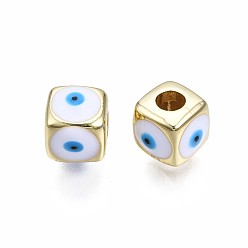 White Brass European Beads, with Enamel, Large Hole Beads, Real 18K Gold Plated, Nickel Free, Cube with Evil Eye, White, 9x10x10mm, Hole: 4mm