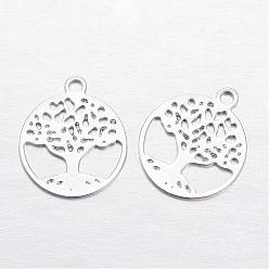 Platinum Brass Charms, Flat Round with Tree of Life, Platinum, 11.5x10x0.3mm, Hole: 1mm