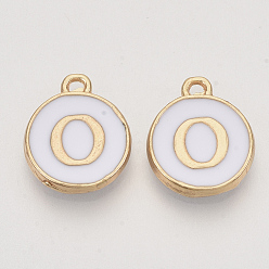 Letter O Golden Plated Enamel Alloy Charms, Enamelled Sequins, Flat Round, White, Letter.O, 14x12x2mm, Hole: 1.5mm, 100pcs/Box