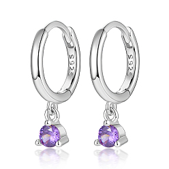 Medium Purple Rhodium Plated Platinum 925 Sterling Silver Hoop Earrings, with Cubic Zirconia Diamond Charms, with S925 Stamp, Medium Purple, 17mm