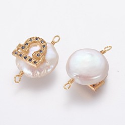 Balance Connecteurs de liens de perles naturelles, avec accessoires zircon cubique micro pave en laiton, plat rond avec constellation, or, bleu marine, libra, 20~26x9~17x5~11mm, Trou: 1.6mm