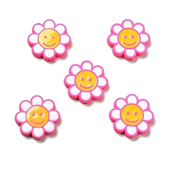 Deep Pink Opaque Acrylic Beads, with Enamel, Flower with Smiling Face, Deep Pink, 24.5~25x4mm, Hole: 1.5mm