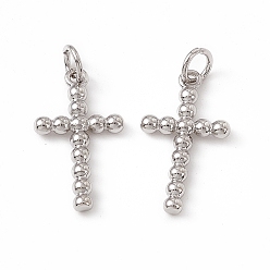 Real Platinum Plated Brass Pendants, Religion Cross Charms, with Open Jump Rings, Real Platinum Plated, 20x11x2mm, Hole: 3mm, Ring: 5x0.9mm