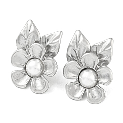Stainless Steel Color 304 Stainless Steel Flower Stud Earrings, with ABS Plastic Pearl Beads, Stainless Steel Color, 29x21.5mm
