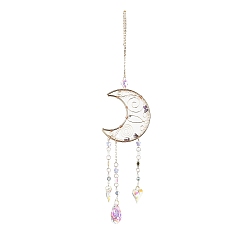 Mixed Stone Natural Amethyst & Quartz Crystal Chips Beaded Moon Hanging Sun Catchers, with Glass Teardrop & Heart, with Iron Findings, 400mm