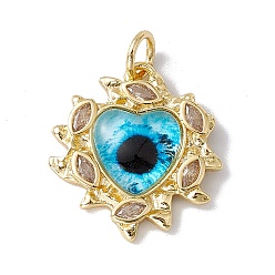Deep Sky Blue Brass Micro Pave Clear Cubic Zirconia Pendants, with Resin and Jump Rings, Lead Free & Cadmium Free, Heart with Eye, Real 18K Gold Plated, Deep Sky Blue, 21.5x20x4.5mm, Hole: 4mm