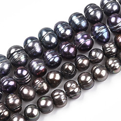 Camel Natural Cultured Freshwater Pearl Beads Strands, Dyed, Round, Camel, 7.5~10x6~12mm, Hole: 0.6mm, about 43~48pcs/strand, 14.57~15.35 inch(37~39cm)