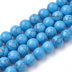 Bleu Dodger Perles synthétiques turquoise brins, teint, ronde, Dodger bleu, 10mm, Trou: 1.6mm, Environ 42 pcs/chapelet, 14.96 pouce