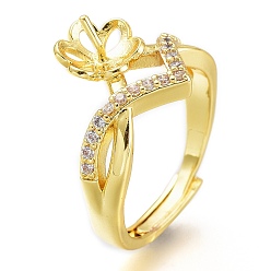 Golden Adjustable Brass Finger Ring Components, with Micro Pave Cubic Zirconia, For Half Drilled Beads, Long-Lasting Plated, Flower, Clear, Golden, US Size 7, Inner Diameter: 17.3mm, Tray: 9mm