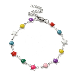 Colorful 304 Stainless Steel Heart & Star Link Chain Bracelet, with Enamel, Colorful, 6-3/4 inch(17.3cm)