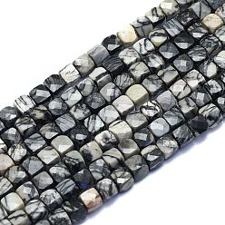 Netstone Natural Black Silk Stone/Netstone Beads Strands, Cube, Faceted, 6~6.5x6~6.5x6~6.5mm, Hole: 1mm, about 58pcs/Strand, 15.55 inch(39.5cm)