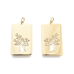 Real 14K Gold Plated 304 Stainless Steel Pendants, Laser Cut, with Jump Rings, Rectangle with Tree of Life, Real 14K Gold Plated, 26.5x15x1mm, Jump Ring: 5x0.8mm, 3.4mm inner diameter