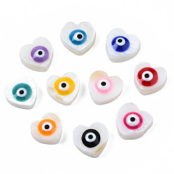 Mixed Color Natural Freshwater Shell Beads, with Enamel, Heart with Evil Eye, Mixed Color, 9~10x9.5~11x4mm, Hole: 0.8mm